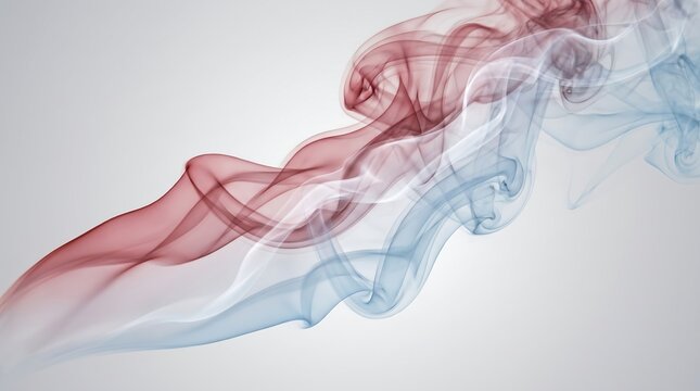 Artistic Flowing Red and Blue Smoke Trail on Light Grey Background, Abstract Smoky Vapor Design