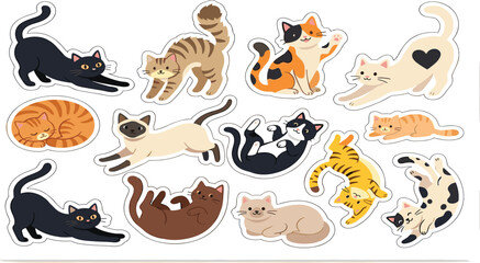Fototapeta premium Cute cartoon cat stickers vector set featuring playful kittens in different poses sleeping stretching playing isolated on white background