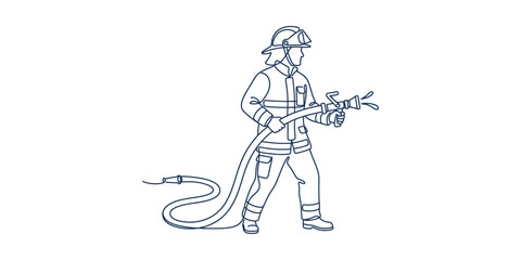 Obraz premium A detailed line art illustration of a firefighter holding a fire hose.