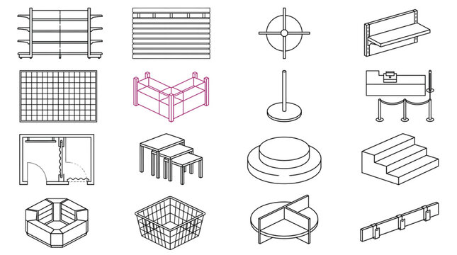 Retail store display fixtures outline icons