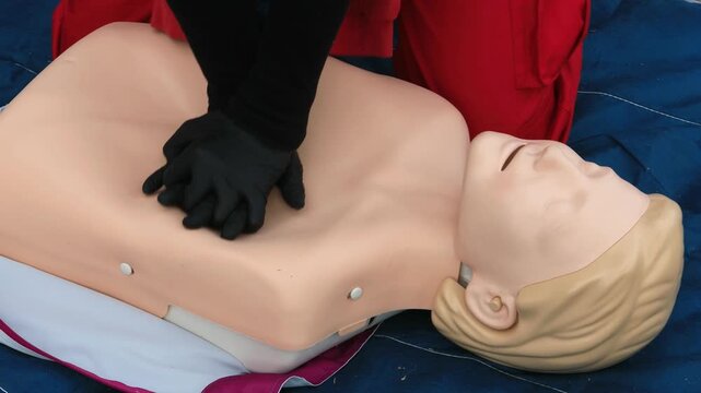 Paramedic Performing CPR Chest Compressions on a Training Manikin During First Aid and Resuscitation Training