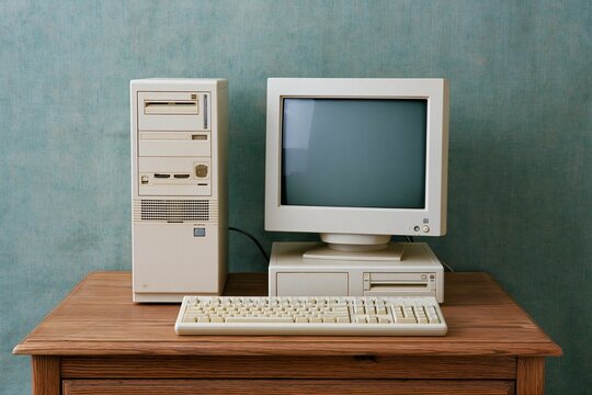 The Vintage Computer on a Wooden Desk in a Retro Office