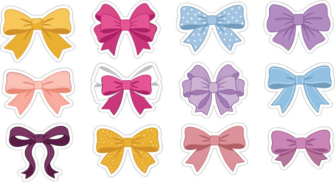 Cute cartoon ribbon bows sticker vector set featuring colorful pastel hair bows with polka dots isolated on white background