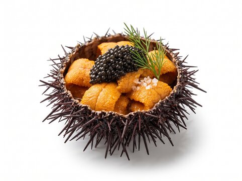 Sea Urchin with caviar close-up, isolated on white background. heap of Fresh sea urchins delicatessen food.