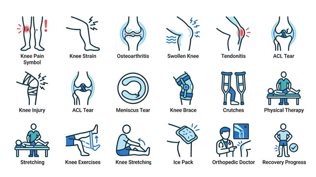 Knee Pain and Injury Icon Set: Arthritis, Strain, ACL Tear, Therapy, Doctor