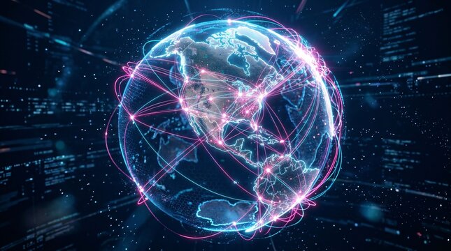 Futuristic glowing holographic globe centered on North America is interconnected by pulsing neon pink and cyan light trails and bright node.