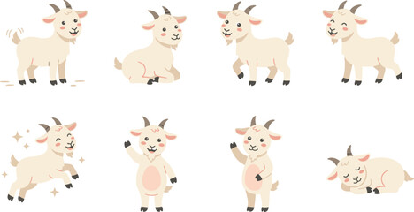 Fototapeta premium Cute baby goat cartoon vector illustration collection featuring standing, sitting, jumping, waving, dancing and sleeping farm animal character poses isolated on white background