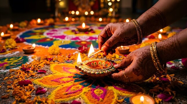 Woman's hands lighting diya lamp. Female hands holding traditional Indian clay lamp. Person celebrating Diwali festival