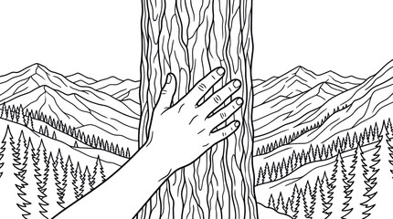 Hand touching tree trunk in scenic forest © masa