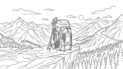 Hiking backpack on cliff edge overlooking mountain valley drawing. © masa
