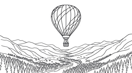 Hot air balloon floating over mountain valley line art. © masa