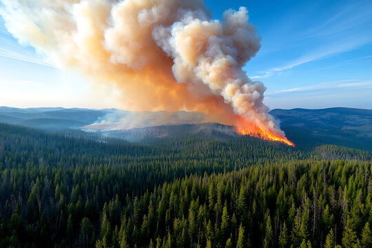 Vast forest fire rages across a mountain landscape with thick smoke plumes