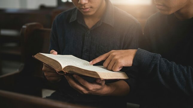 Spiritual guidance, faith, reflection concept with people reading book in warm low light.