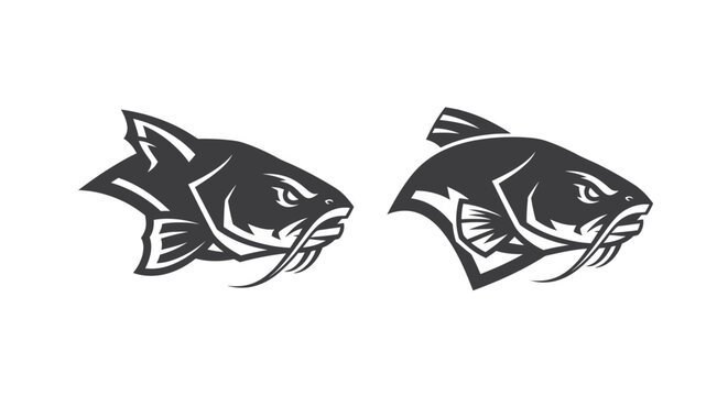 Two stylized black and white fish head illustrations.
