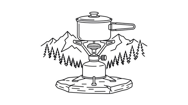 Portable camping stove with pot in mountain line art.