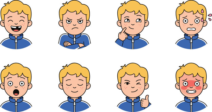 Cute boy cartoon emotion avatar vector illustration collection featuring happy, angry, thinking, nervous, surprised, calm, confident and embarrassed facial expressions isolated on white background