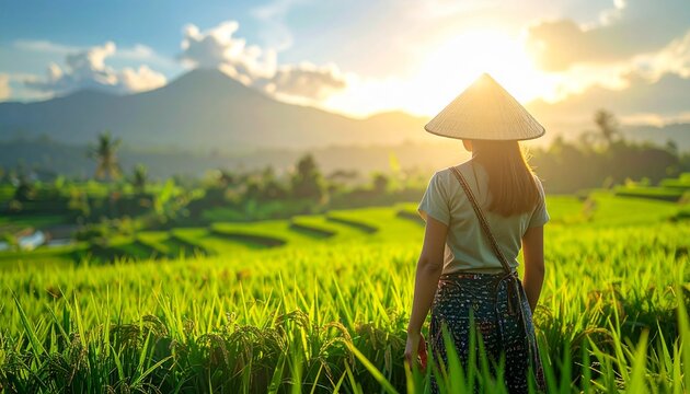 Woman wearing conical hat stands in lush green rice field at sunrise with mountains