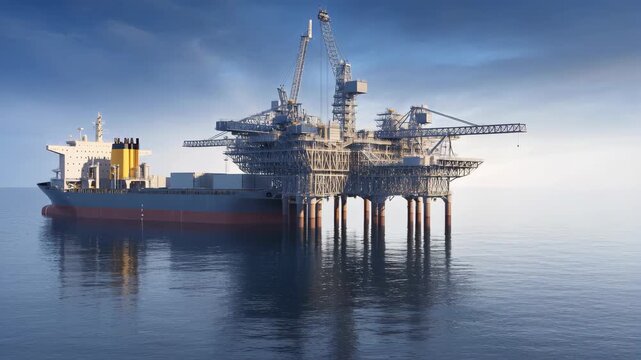 Offshore oil rig platform with cargo ship in calm ocean