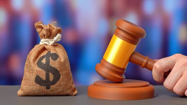 A dollar money bag and a judge's gavel. A court case and verdict, compensation in a court case. Refunds and tax returns.
