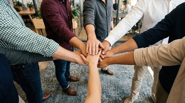 Startup founders, teamwork, business unity concept with hands stacked in team huddle.