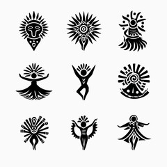 Fototapeta premium Tribal sun icons and dancing silhouette figures set.