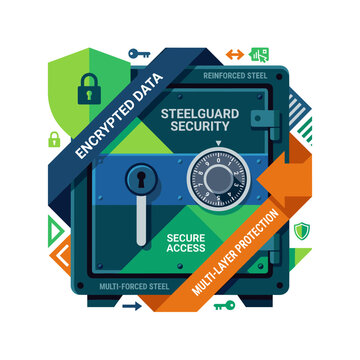 This graphic illustrates a secure safe with labels like 'Encrypted Data'. Various symbols emphasize its multi layer protection.