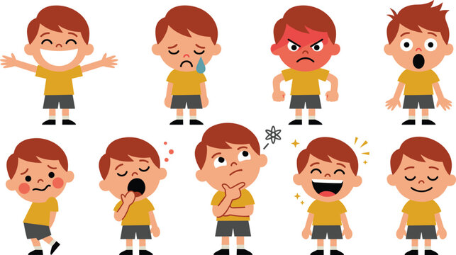 Cute boy cartoon emotion vector illustration collection featuring happy, sad, angry, surprised, thinking, sleepy, laughing and shy facial expression characters isolated on white background