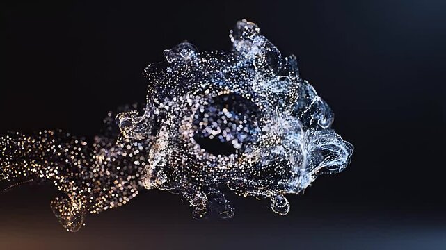 Abstract silver liquid metal particles flowing in a dynamic wave pattern with sparkling light reflections and fluid motion on a dark background