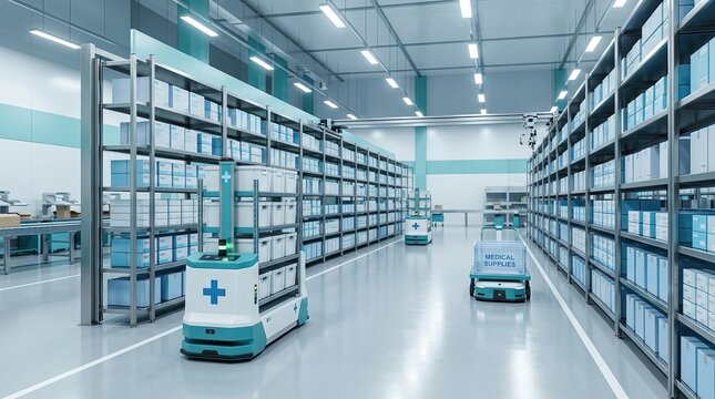 Automated pharmaceutical warehouse, medical logistics, pharmacy automation concept with robots in clean storage aisle.