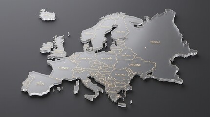 3D glass Europe map with country borders, transparent acrylic European continent on black background, elegant glass map for business and logistics © Ammar.stock