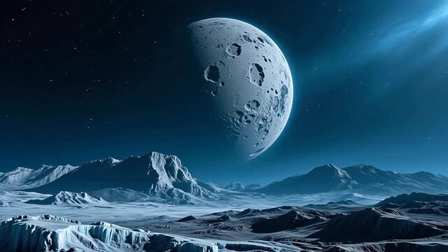 Frozen alien wasteland under giant moon