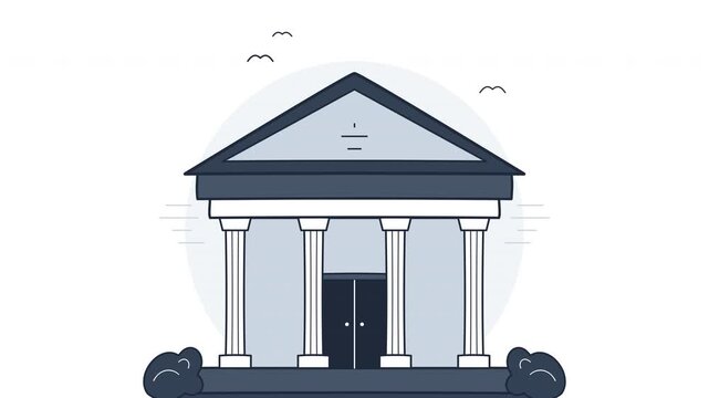 Bank Building Animation with Classical Columns Rising on White Background