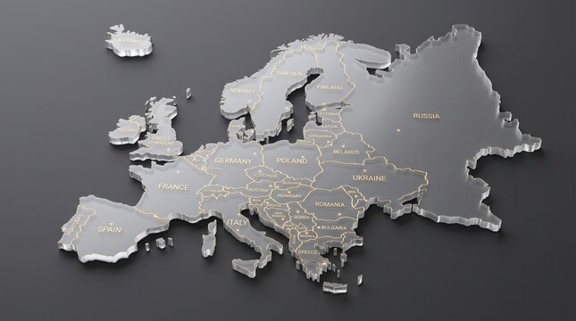 3D glass Europe map with country borders, transparent acrylic European continent on black background, elegant glass map for business and logistics
