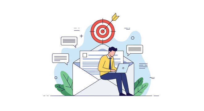 Targeted marketing professional using laptop while sitting on a large mail envelope under a bullseye target for email campaign success.