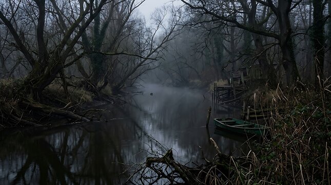 Eerie halloween forest scene spooky swamp with abandoned boat and misty atmospheric landscape