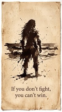 Vintage ink illustration of warrior woman on beach, inspirational quote on aged parchment paper, sepia warrior silhouette with motivational text