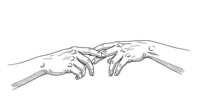 Classic sketch representation of two hands gently touching fingers in a design inspired by traditional artistic masterpieces.