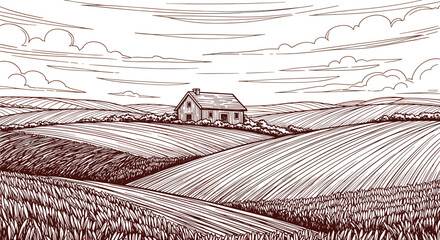 Fototapeta premium Detailed agricultural fields landscape with a wooden country house in a detailed vintage ink sketch drawing style.