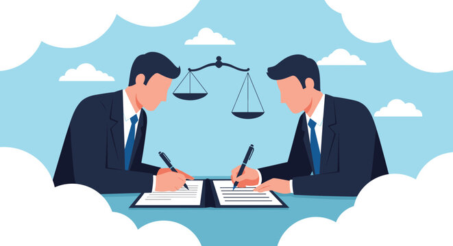 Two professional businessmen signing an important legal contract under the scales of justice representing a fair deal.