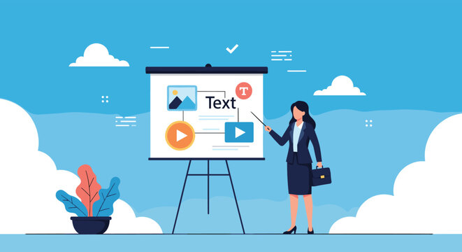 Professional businesswoman standing by a white projector screen while giving a presentation about digital marketing content.