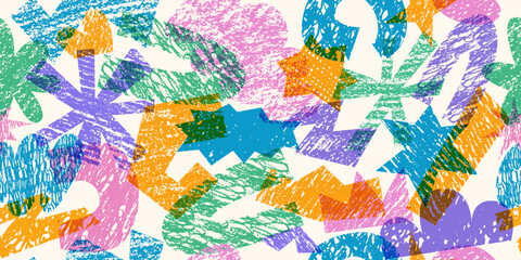 Fototapeta premium Seamless pattern with geometric cut out forms. Colorful abstract background with risograph texture print effect. Vector halftone. Noisy texture. 
