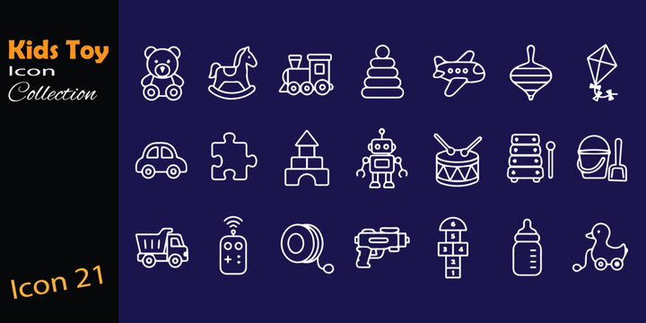 A premium collection of 21 clean and minimal outline kids toy icons. Includes teddy bear, rocking horse, toy train, stacking rings, airplane, spinning top, kite, toy car, puzzle piece, building blocks