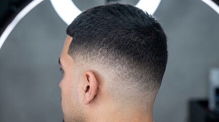Fototapeta premium Modern skin fade haircut on male model, professional barber shop hairstyle with clean gradient, stylish short mens hair grooming and styling