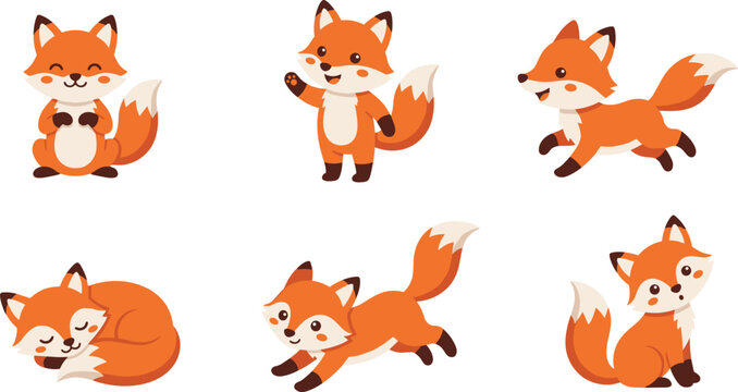 Cute fox cartoon vector illustration collection featuring standing, waving, running, jumping, sitting and sleeping woodland wildlife character poses isolated on white background