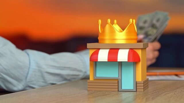 Crown on a store and a woman counting money in the background. Best business first place award symbolizing retail leadership market dominance and entrepreneurial success.