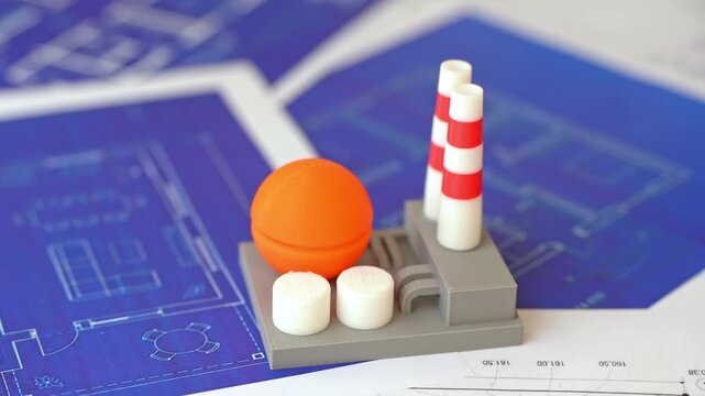 Factory on blueprints drawings. Construction planning and investment in an industrial project. Development strategy drives growth and infrastructure expansion.