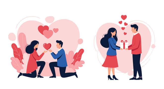 Romantic couple scenes showing a man proposing with a red heart and another couple exchanging gifts against soft pink heart backgrounds.