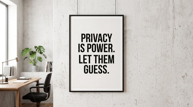 Motivational quote poster on concrete wall, privacy is power let them guess typography art, minimalist home office interior with desk and chair