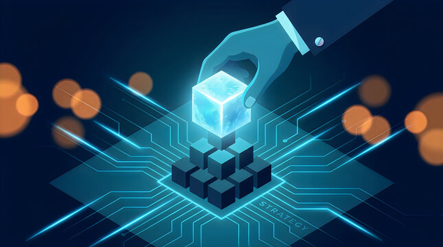 Stylized hand placing a glowing blue cube onto a platform of smaller cubes connected by digital circuit lines, strategy text.