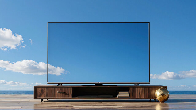 Minimalist TV Screen Reflecting Open Sky and Ocean View